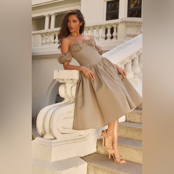 Pretty Little Thing - Taupe Puff Bardot Sleeve Midaxi Dress - Picture 5 of 5